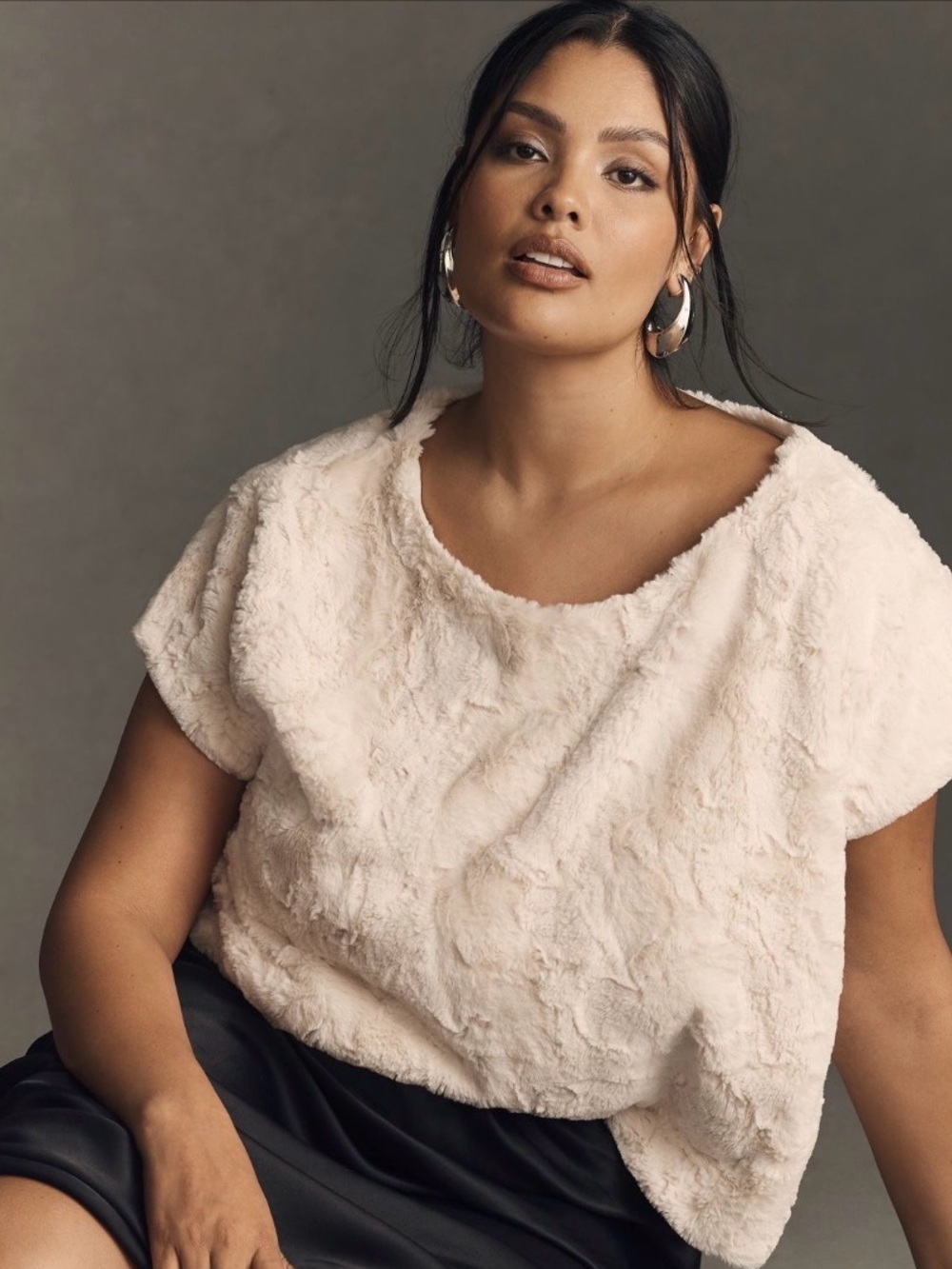 Maeve Soft Faux-Fur Cream Short Sleeve Top